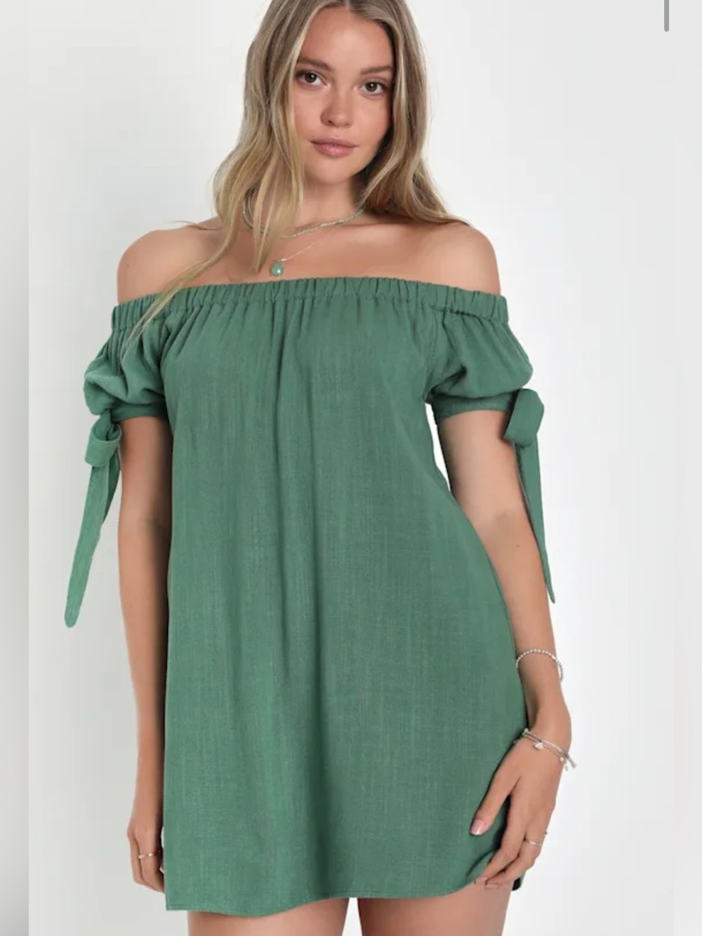 Lulu's Al Fresco Evenings Olive Green Off-the-Shoulder Dress, Medium